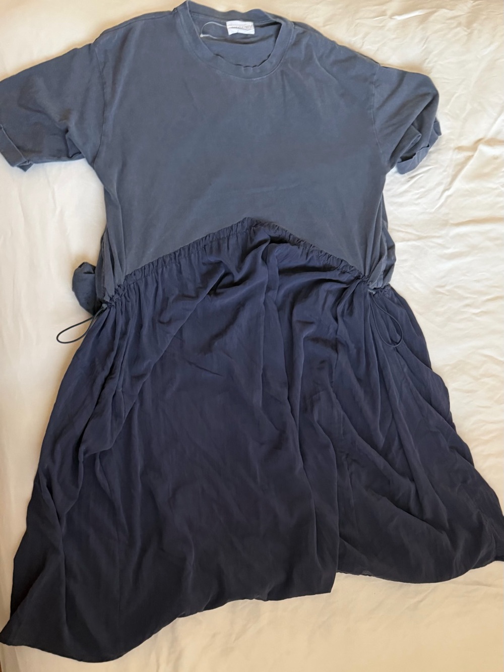Mumokuteki Relaxed Two-Tone Navy Midi Dress with Drawstring Waist All Sizes